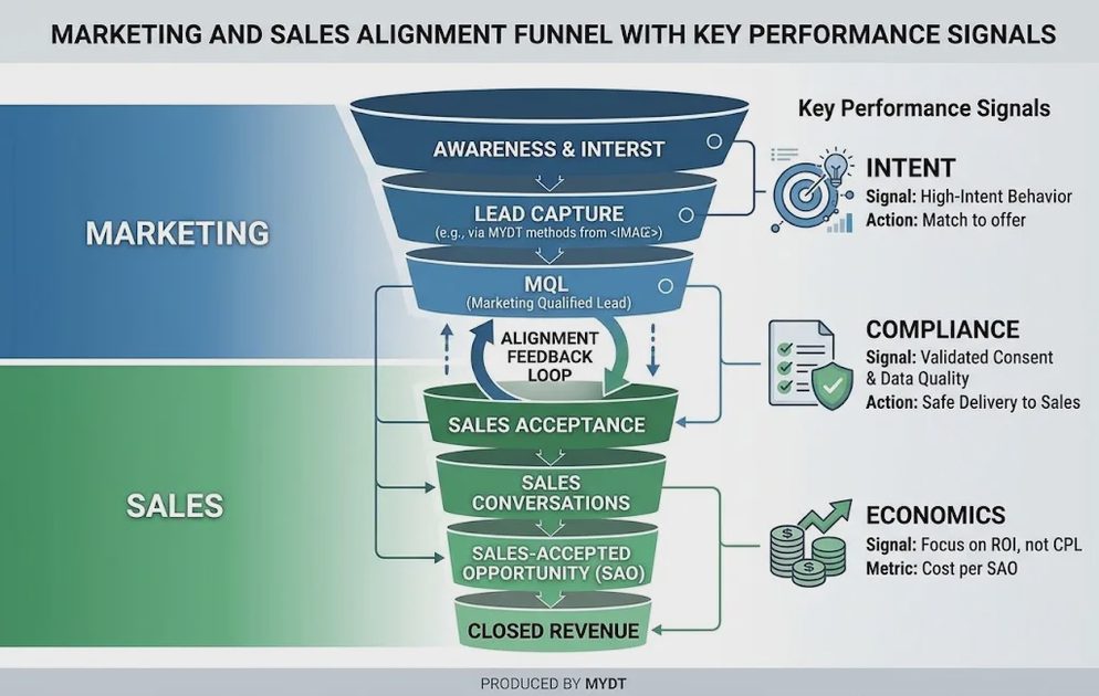A professional diagram illustrating marketing and sales alignment funnel and performance signals.