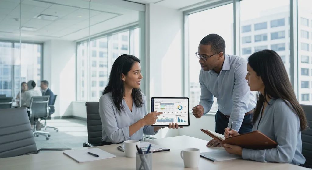A professional business team evaluating vendor scorecards and analytics in a modern corporate office.