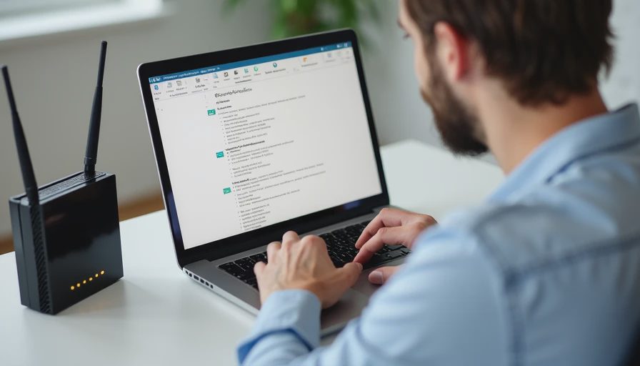 Close-up of an adult configuring a wireless router on a laptop at a clean home desk.