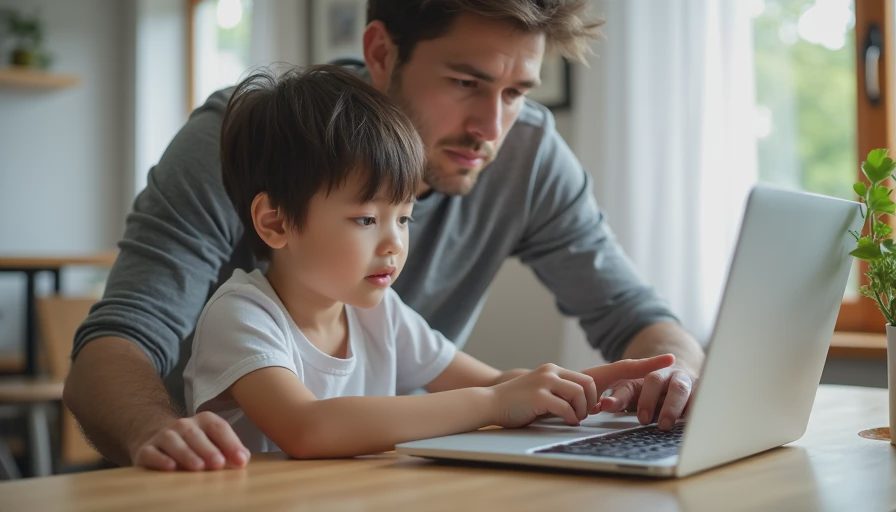 An eight-year-old child pointing at a school laptop screen and asking a parent for help at a dining table.