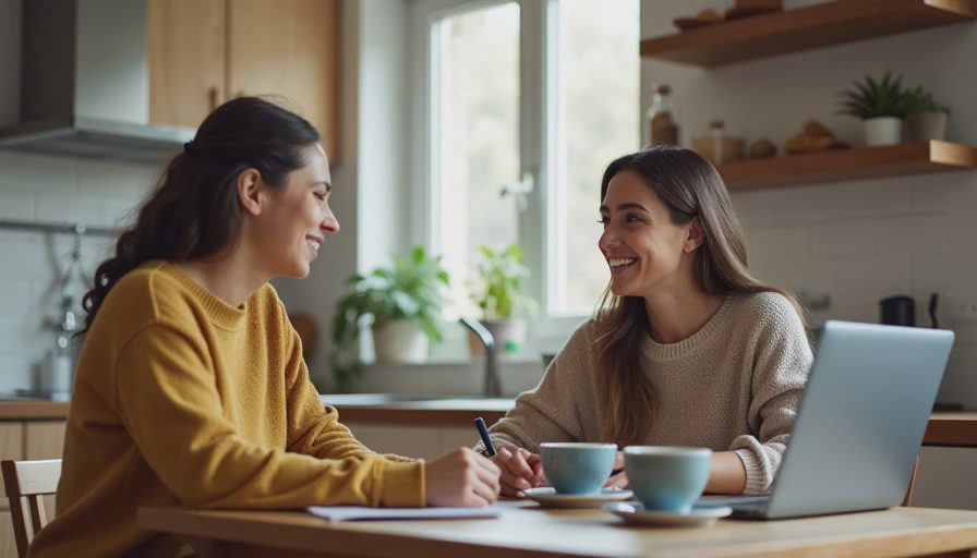 two people talking warmly at a kitchen table with a laptop and coffee cups in a normal family home.