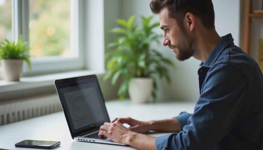 An adult focused on quickly updating account passwords on a laptop at a clean home desk.