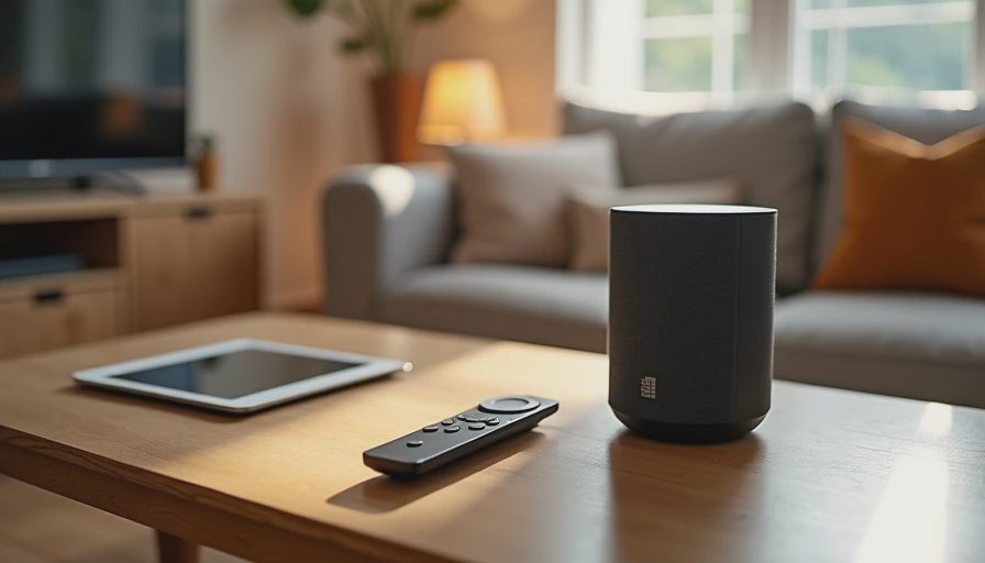 A smart speaker and remote control on a living room coffee table in a cozy smart home.