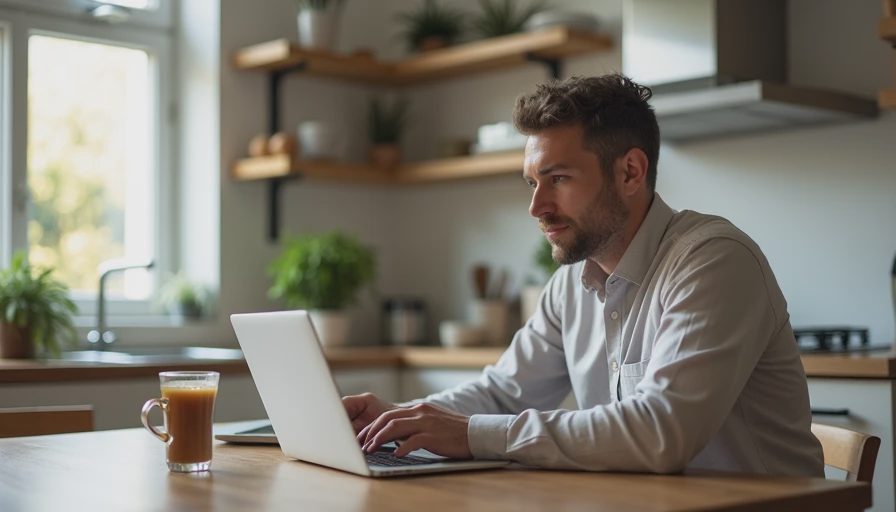 An adult focused on testing internet network tools on a laptop at a clean home dining table.