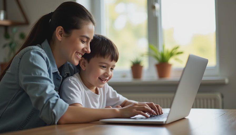 Close-up of a parent and child calmly reviewing email and website details together on a laptop at a home desk.