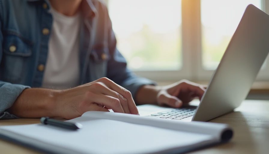 Close-up of an adult carefully hovering the mouse over a suspicious email link on a laptop at a home desk.