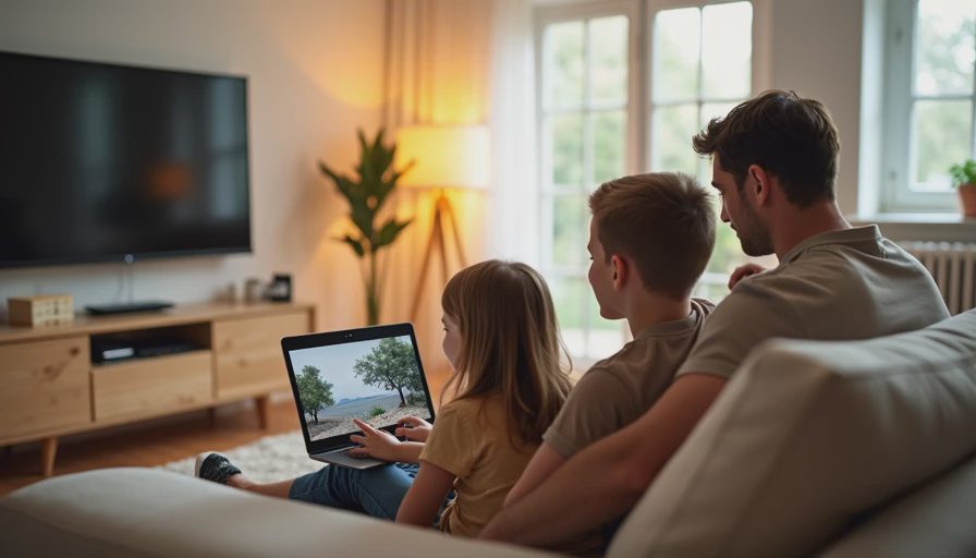 Smart devices and laptops resting in a bright and cozy family living room showcasing daily digital use.