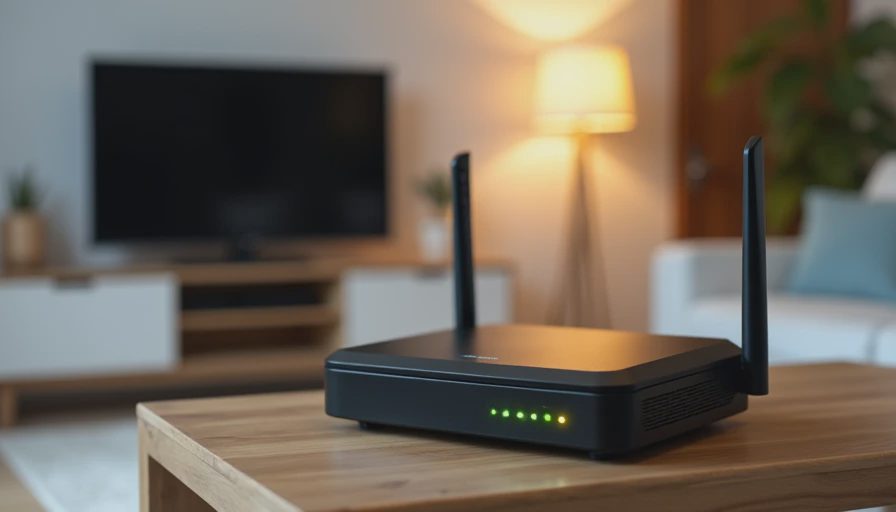 A modern Wi-Fi router sitting on a clean living room media console with subtle status indicator lights.