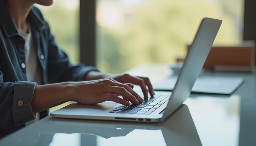 Close-up of an adult carefully typing an email address on a laptop at a home desk to check data leaks.