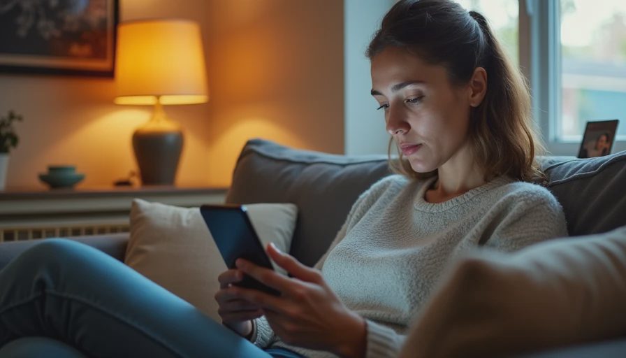 A person sitting on a cozy sofa holding a smartphone and reviewing account security notifications.