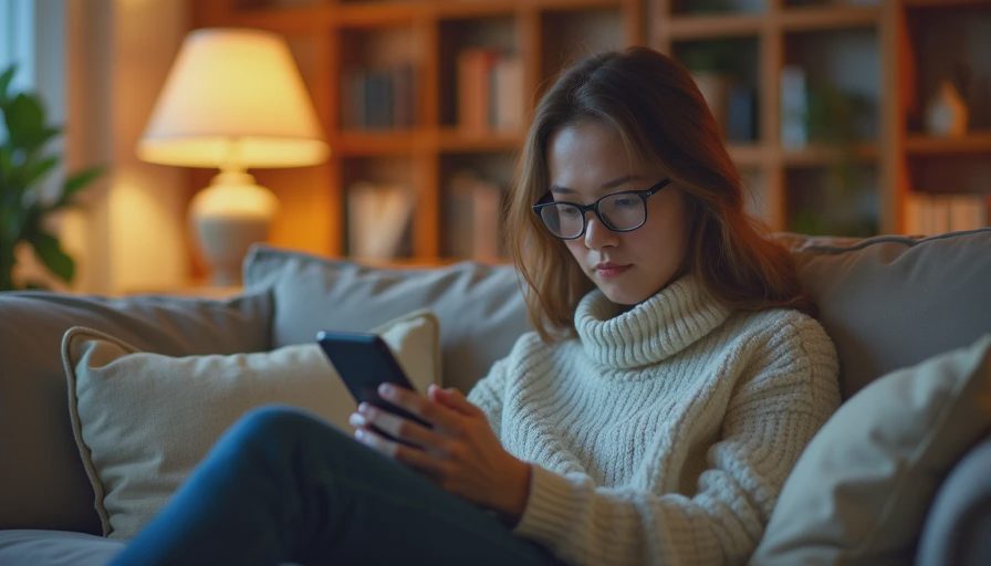 A person sitting on a cozy sofa holding a smartphone and reviewing account security notifications.