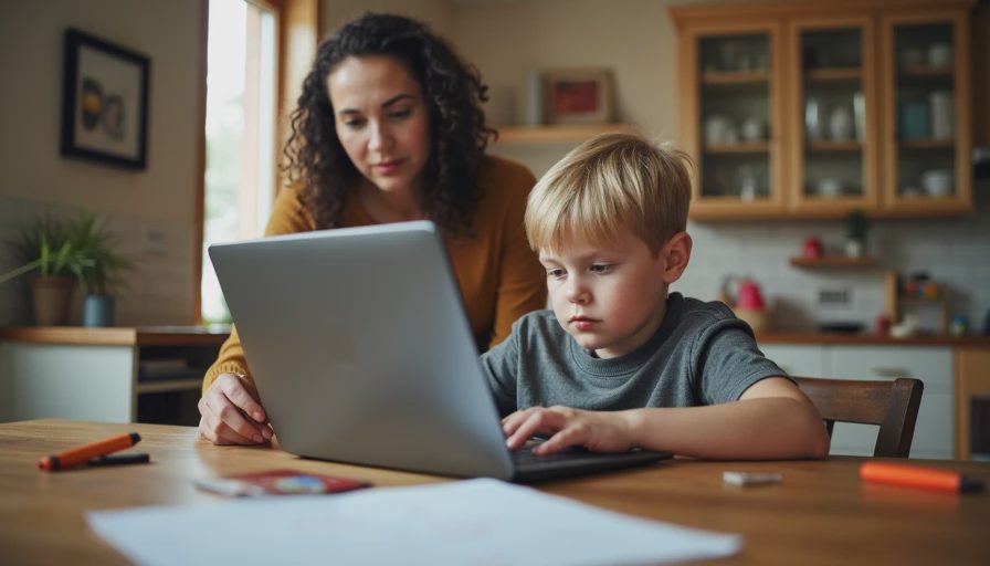 A child using a school laptop at a dining room table while a parent looks on.