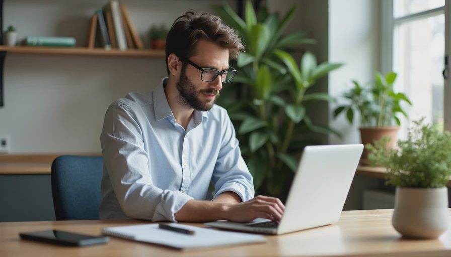 An adult focused on typing credentials on a laptop at a clean home desk in a documentary style.