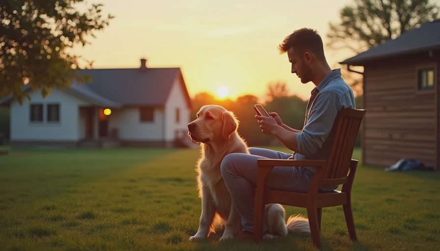 A casual father sitting outdoors in a backyard reviewing a smartphone next to a golden retriever at sunset.
