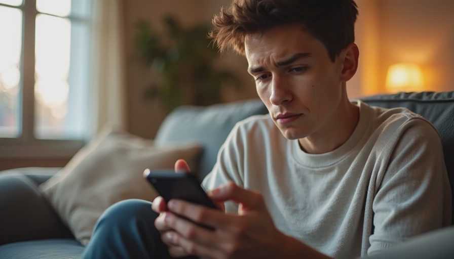 A person holding a smartphone and thoughtfully reviewing a suspicious notification in a warm home living room.