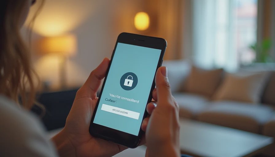 Close-up of an adult holding a smartphone displaying a two-factor authentication code in a cozy living room.