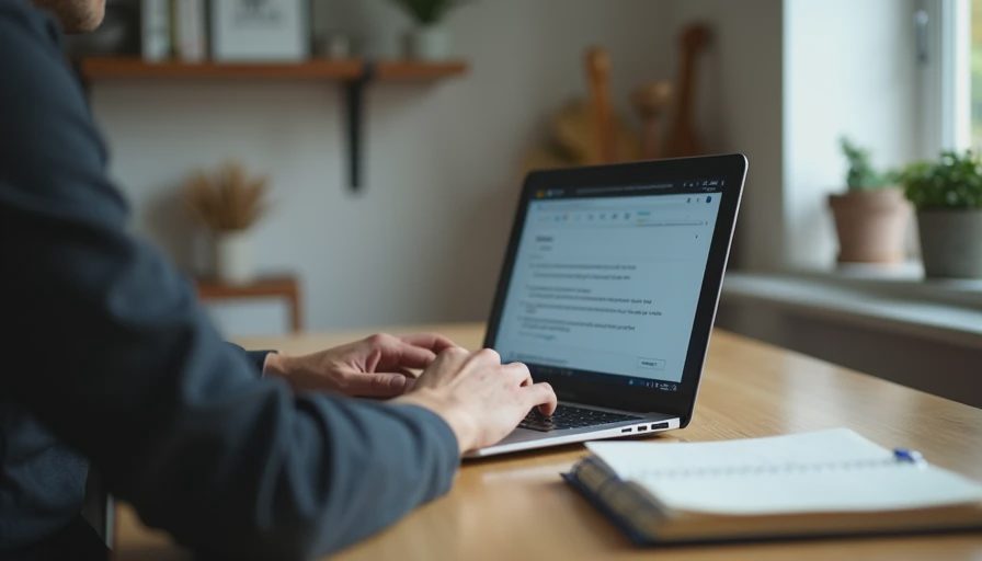 Close-up of an adult carefully reviewing and cleaning up third-party app access permissions on a laptop at a home desk.
