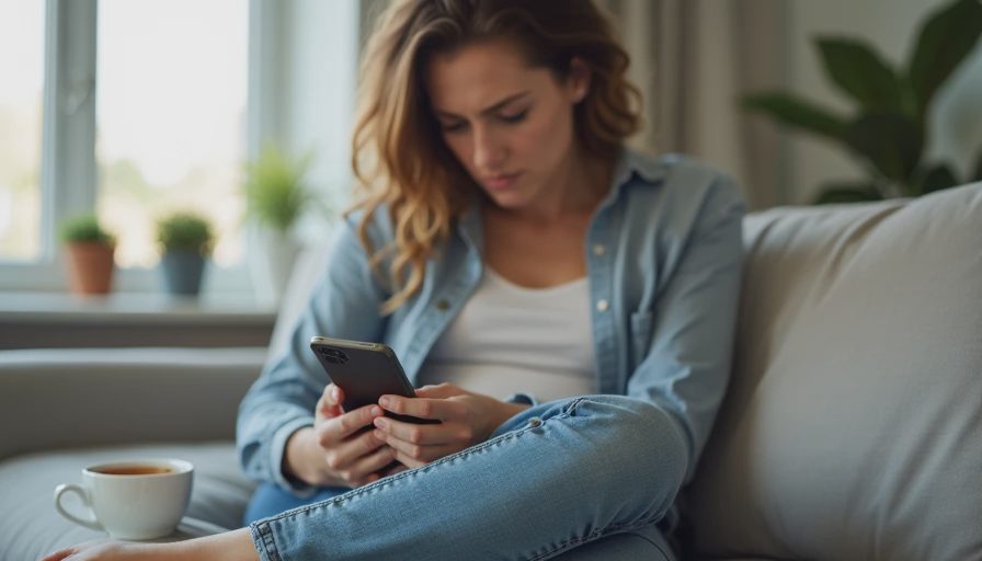 An adult looking at text messages on a smartphone while sitting on a cozy home sofa.