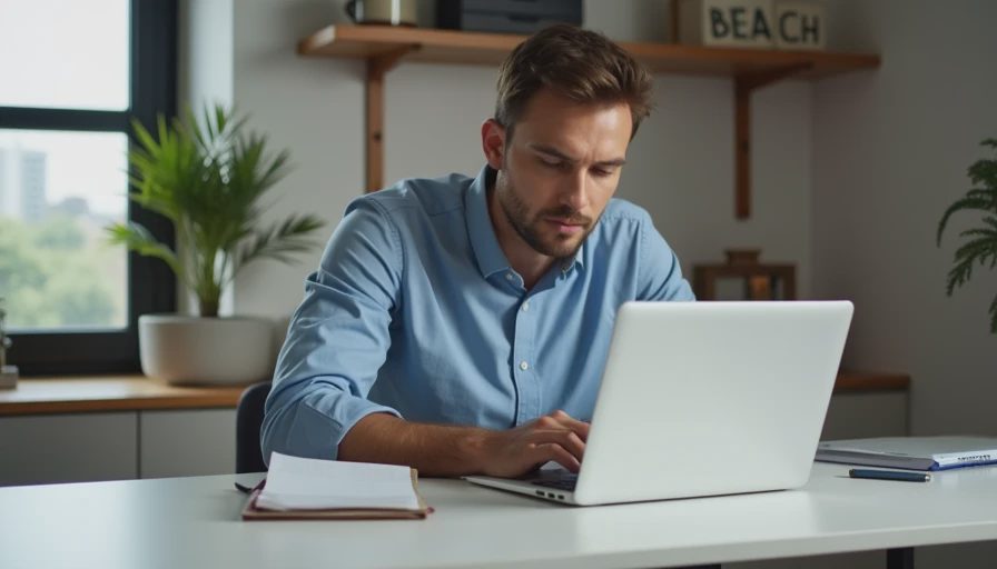 A father focused on reviewing online security settings on a laptop at a clean home desk.